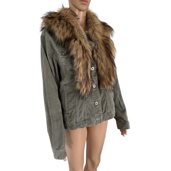 Upcycled Faux Fur Collar Corduroy Jacket Fox Art Back Whimsigoth Cottagecore L - Picture 4 of 6